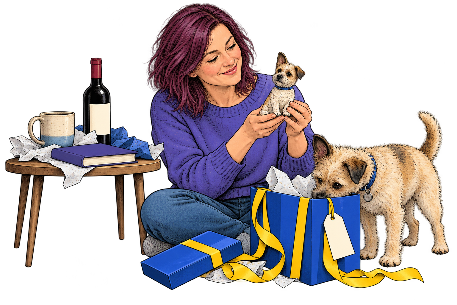 A woman delighted by an ornament of her dog. Her dog investigates a blue gift box beside a table holding a mug, wine and a book.