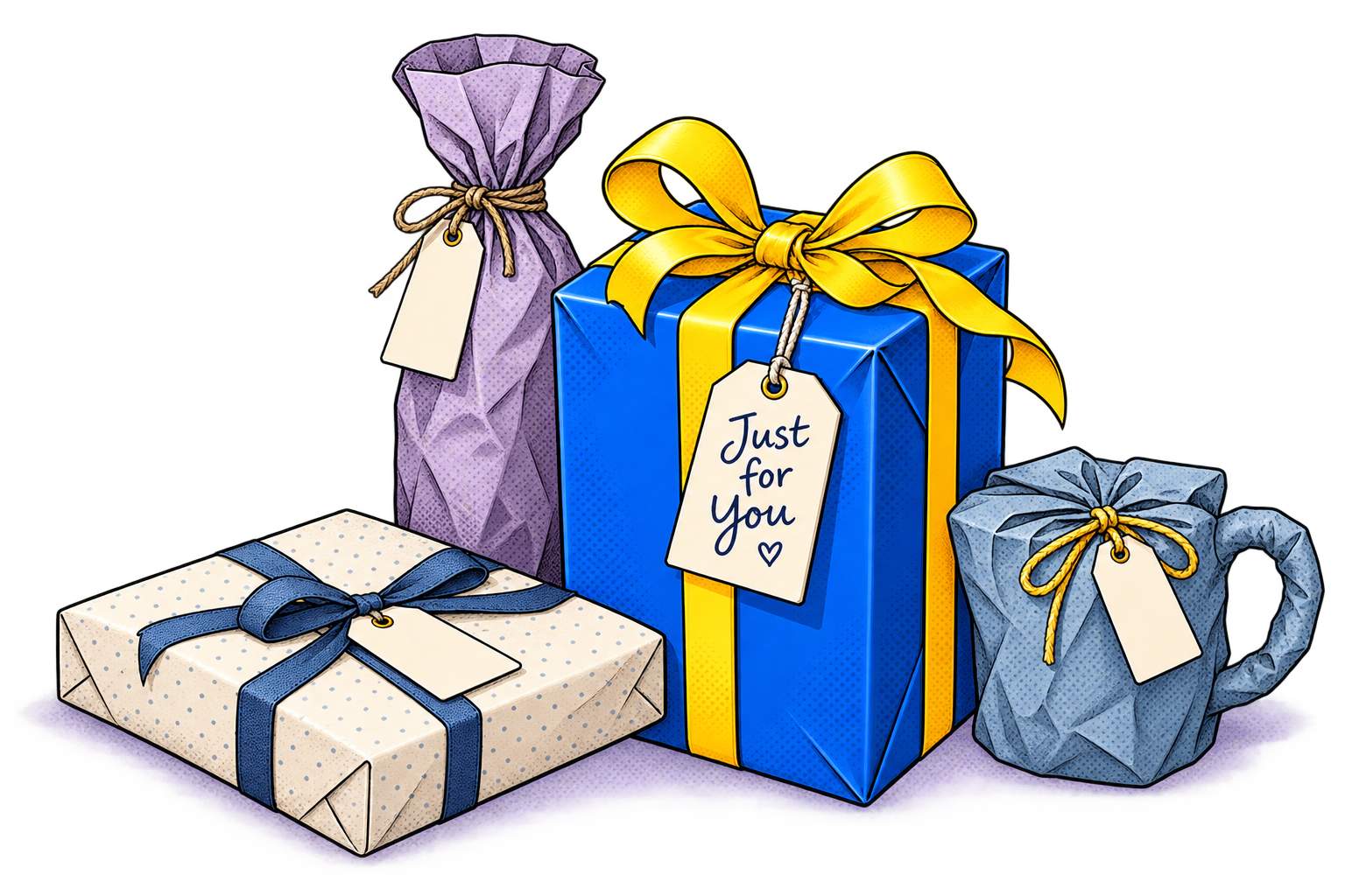 Four wrapped gifts: a bottle, a book, a mug and our blue gift with its yellow ribbon and handwritten Just for You tag.