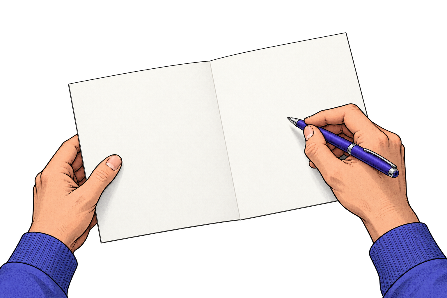 A blank greeting card held open, with a pen poised above the page while the writer considers what to say.