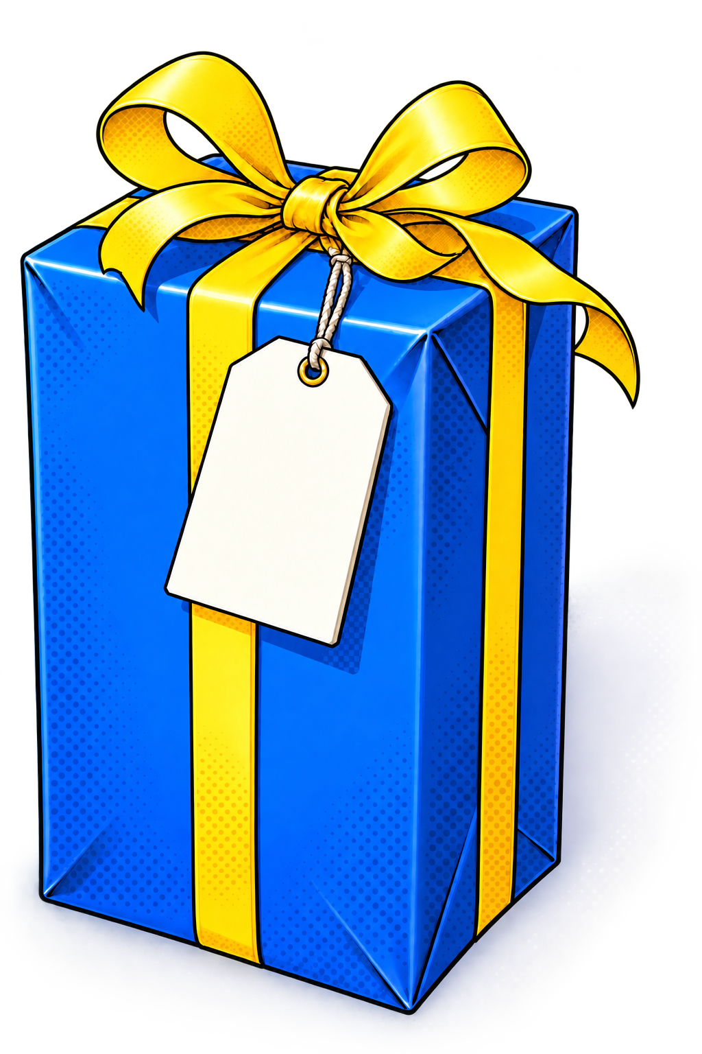 A tall blue gift with a yellow ribbon and a blank tag.