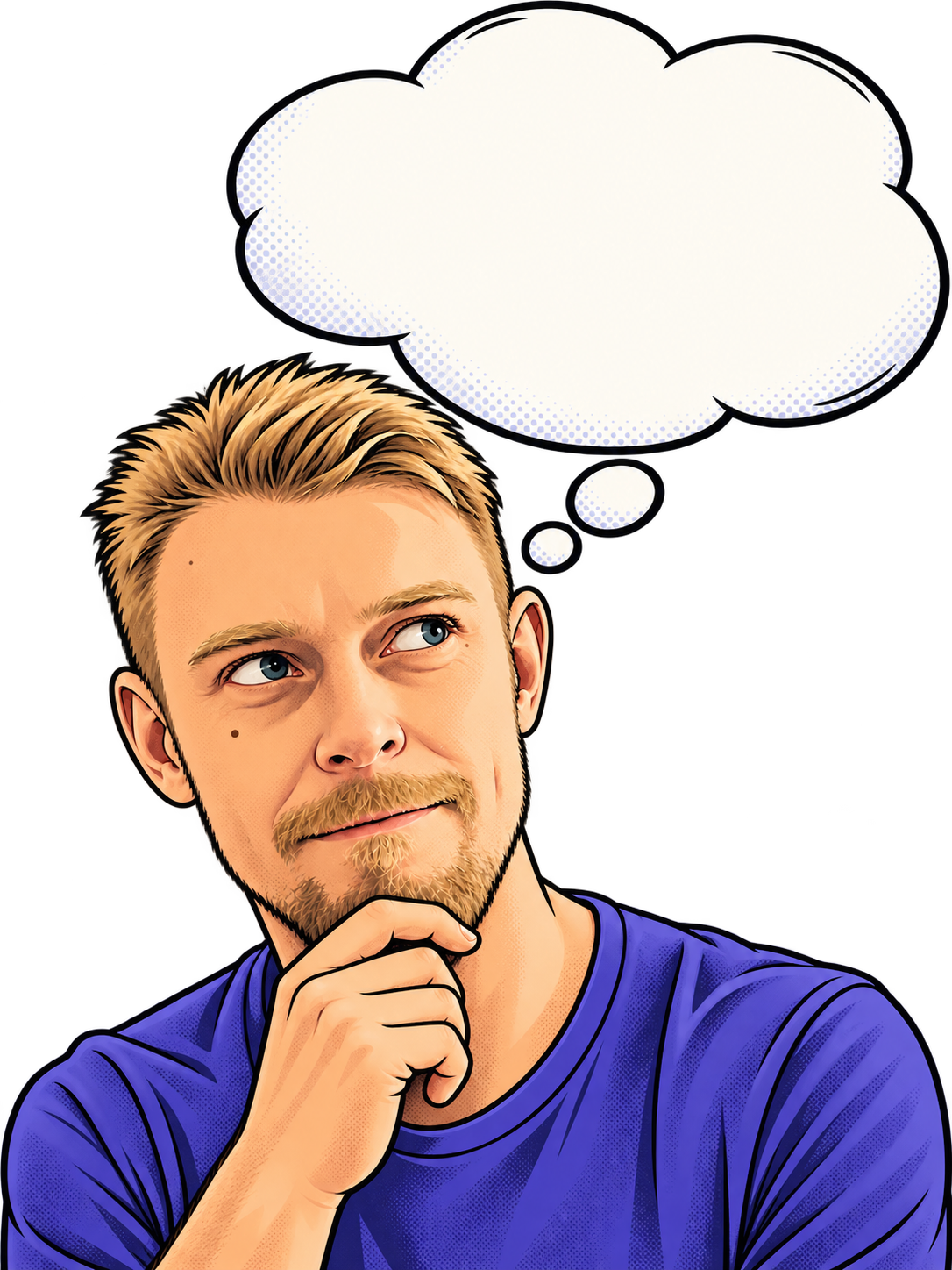 An illustrated portrait of Benjamin reflecting, with a thought bubble.